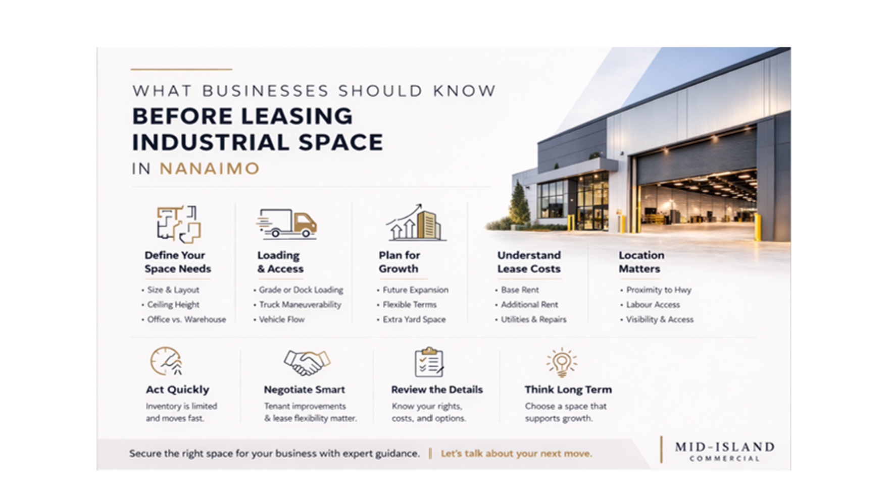 This infographic outlines the key considerations for businesses leasing industrial space in Nanaimo, including lease structures, zoning requirements, space functionality, and cost components such as base rent and additional rent. With limited supply and strong demand across the industrial market, understanding these factors is essential for securing suitable space and negotiating favourable lease terms.