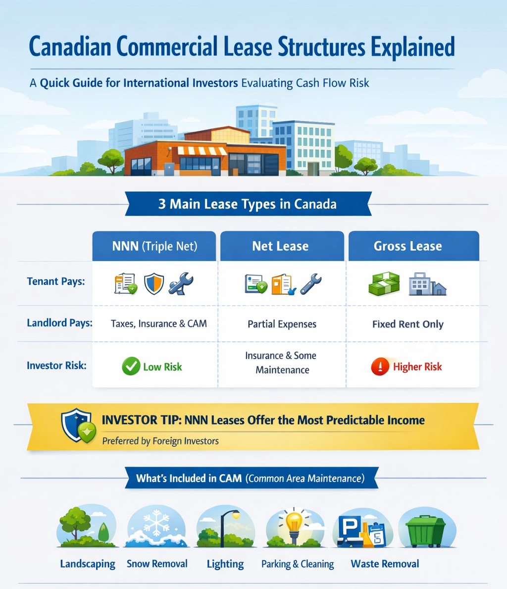 This infographic explains the key commercial lease structures in Canada—NNN, net, and gross—and how they impact operating costs, risk, and net operating income. By clarifying concepts such as additional rent and CAM charges, it helps investors and business owners better understand cash flow dynamics and make more informed real estate decisions.