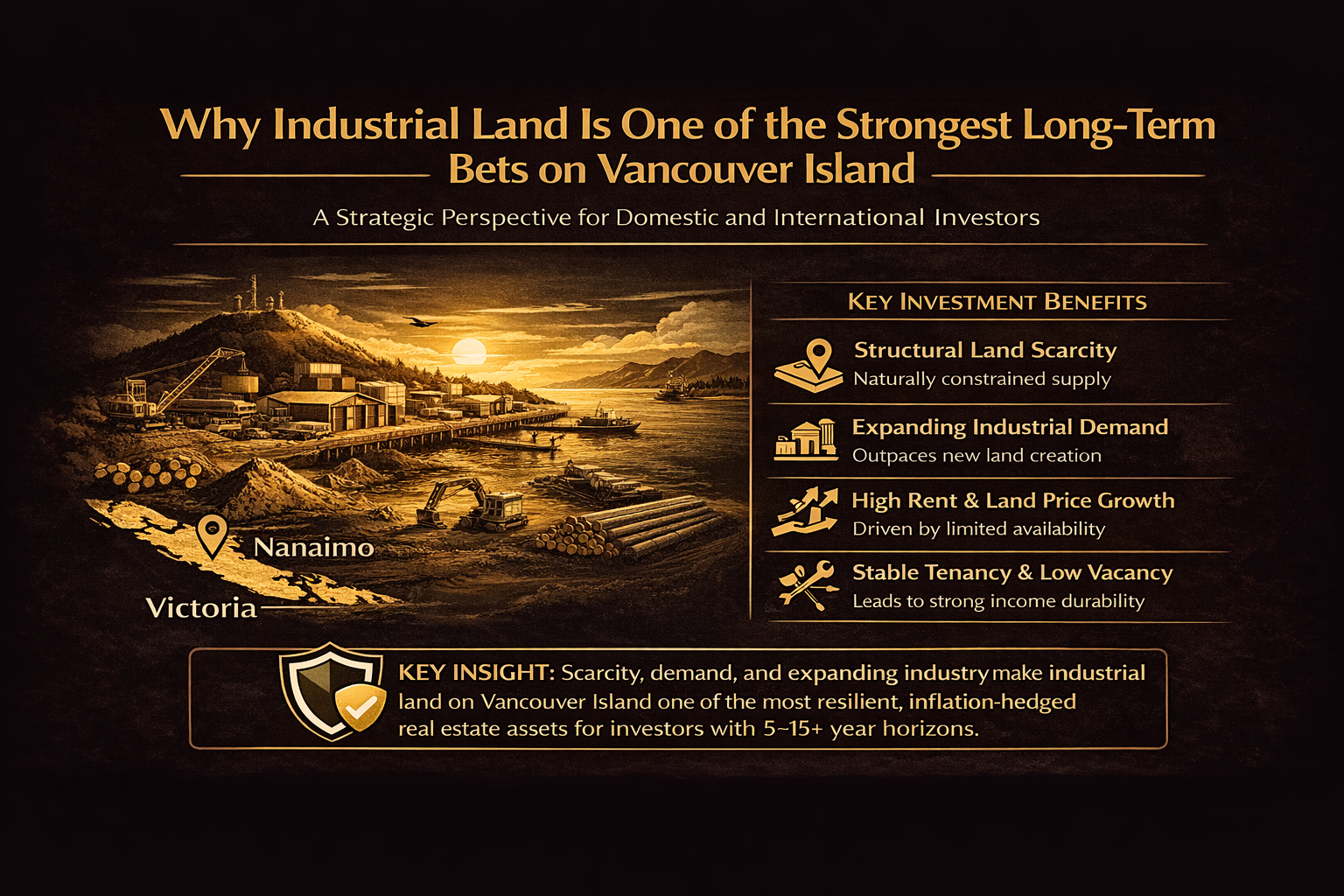 This infographic highlights why industrial land on Vancouver Island represents a compelling long-term investment opportunity, driven by limited supply, strong population growth, and sustained demand from trades, logistics, and service-based industries. With structural land constraints and increasing competition for serviced sites, industrial land offers scarcity-driven appreciation and resilient, long-duration value for investors.