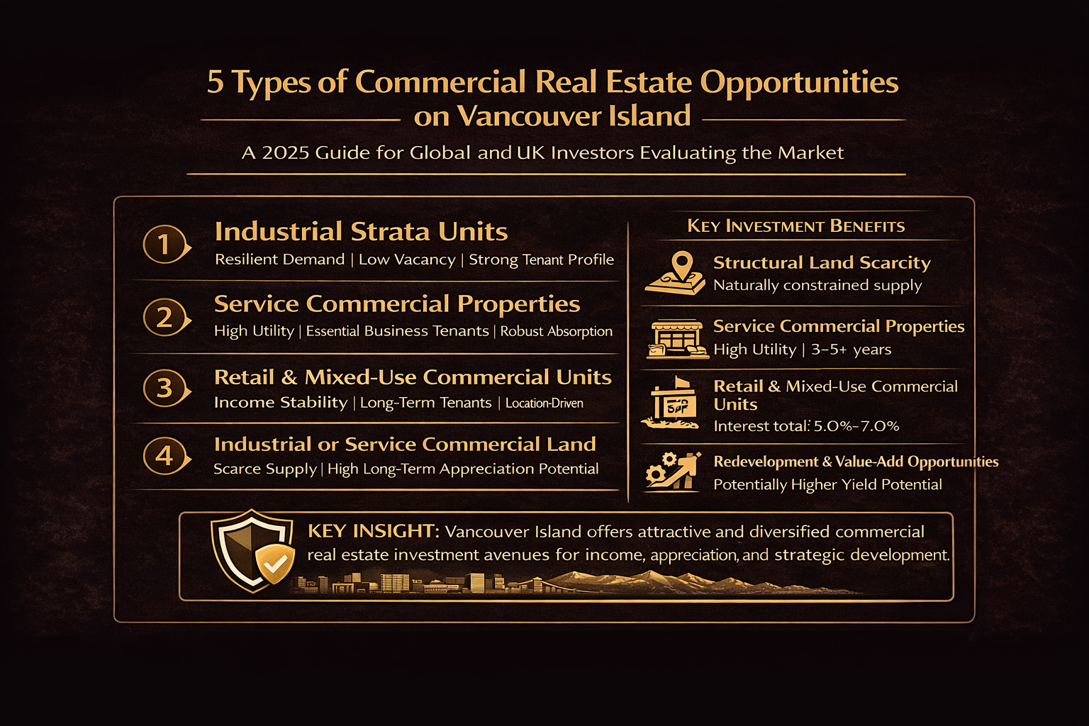 This infographic outlines five key types of commercial real estate opportunities on Vancouver Island, including industrial, retail, office, mixed-use, and land investments. Each asset class offers distinct risk-return profiles, tenant dynamics, and growth potential, helping investors identify opportunities aligned with their strategy and investment objectives.